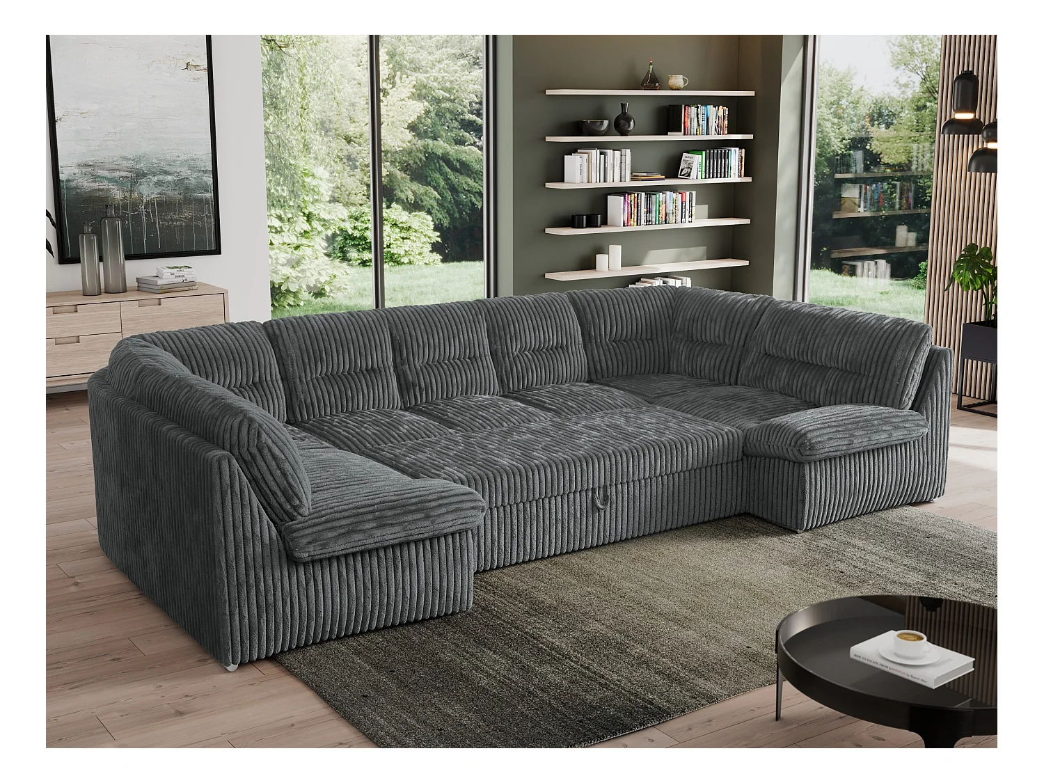 Ecksofa MORBIDO U, XXL Wohnlandschaft mit schlaffunktion - Dunkelgrau Cord