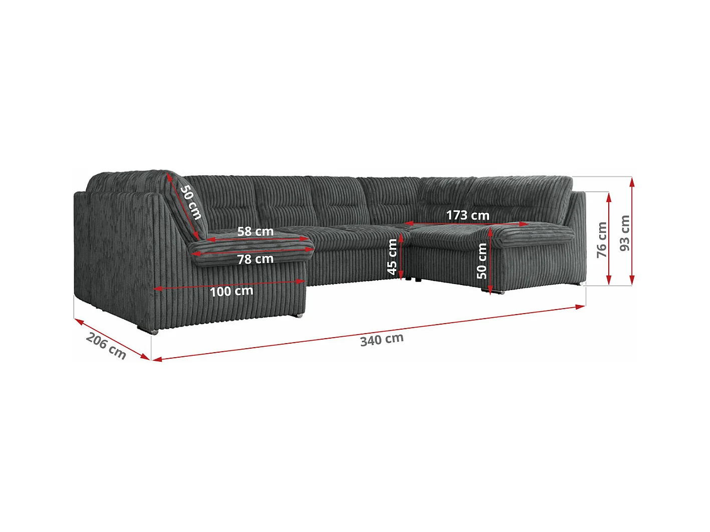 Ecksofa MORBIDO U, XXL Wohnlandschaft mit schlaffunktion - Dunkelgrau Cord