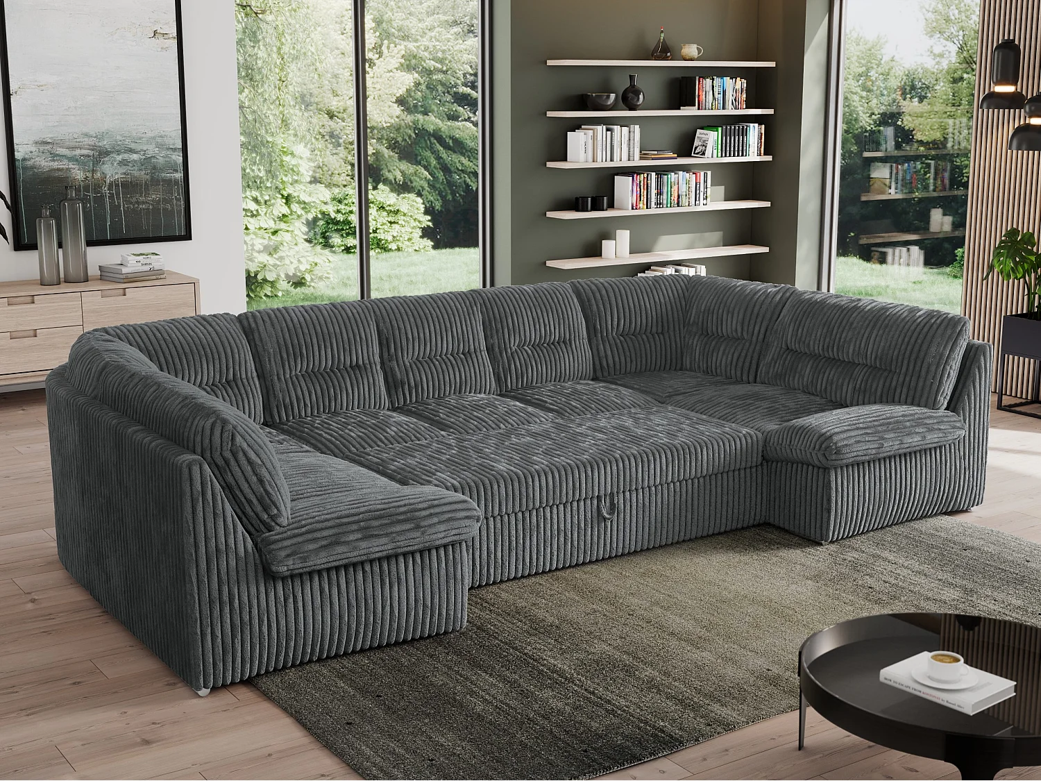 Ecksofa MORBIDO U, XXL Wohnlandschaft mit schlaffunktion - Dunkelgrau Cord