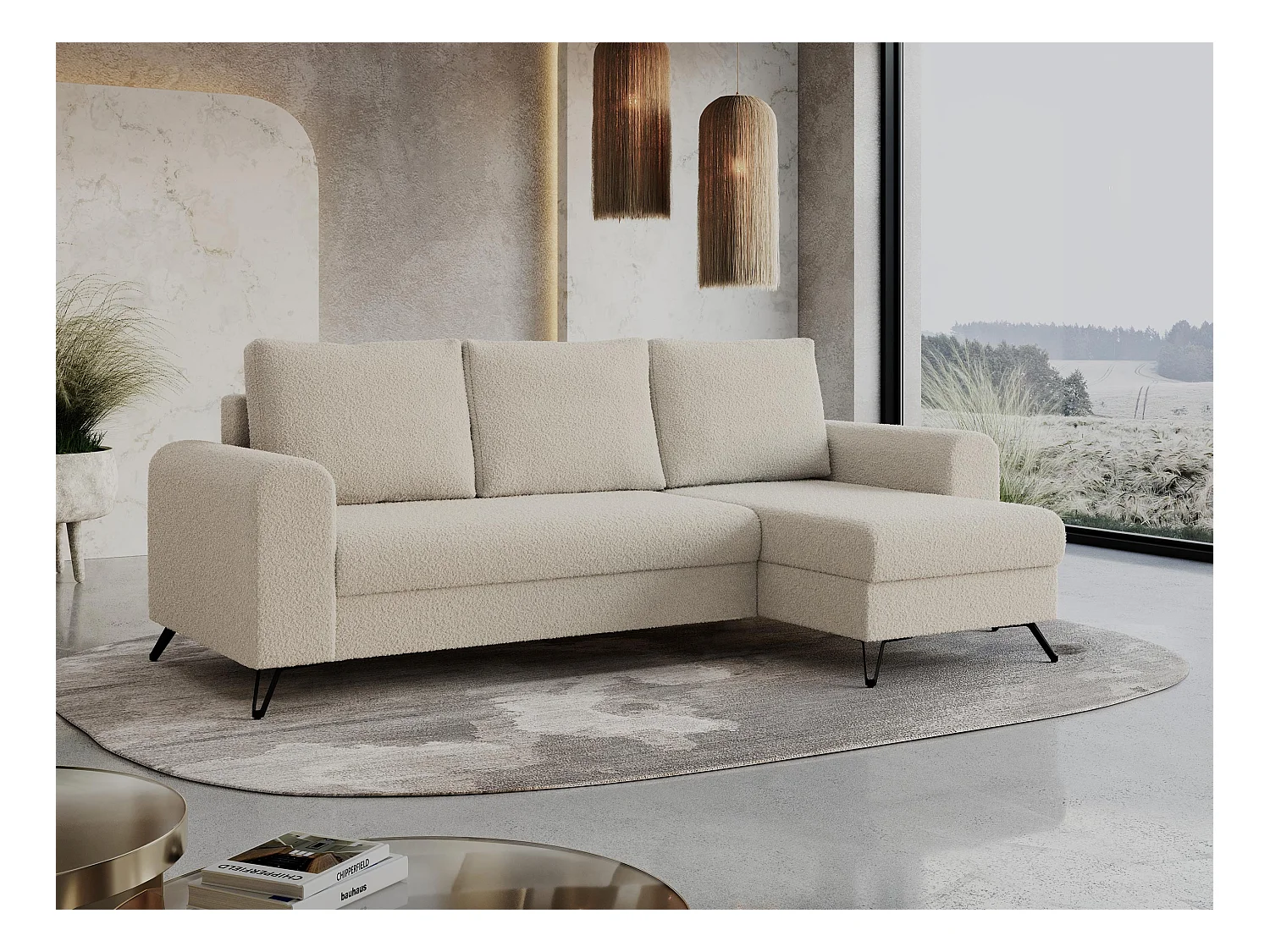 Ecksofa HUGO - L-Form mit Schlaffunktion, lose Kissen - Beige Boucle