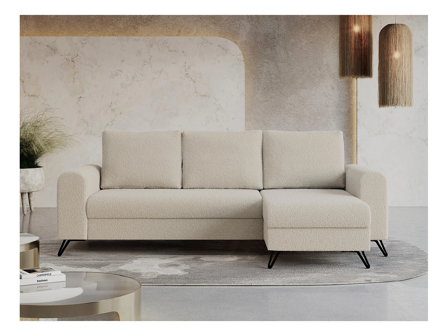 Ecksofa HUGO - L-Form mit Schlaffunktion, lose Kissen - Beige Boucle