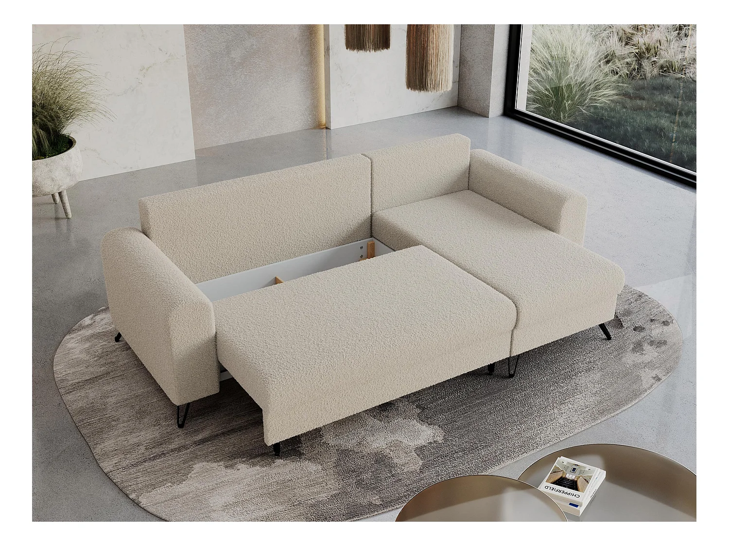 Ecksofa HUGO - L-Form mit Schlaffunktion, lose Kissen - Beige Boucle