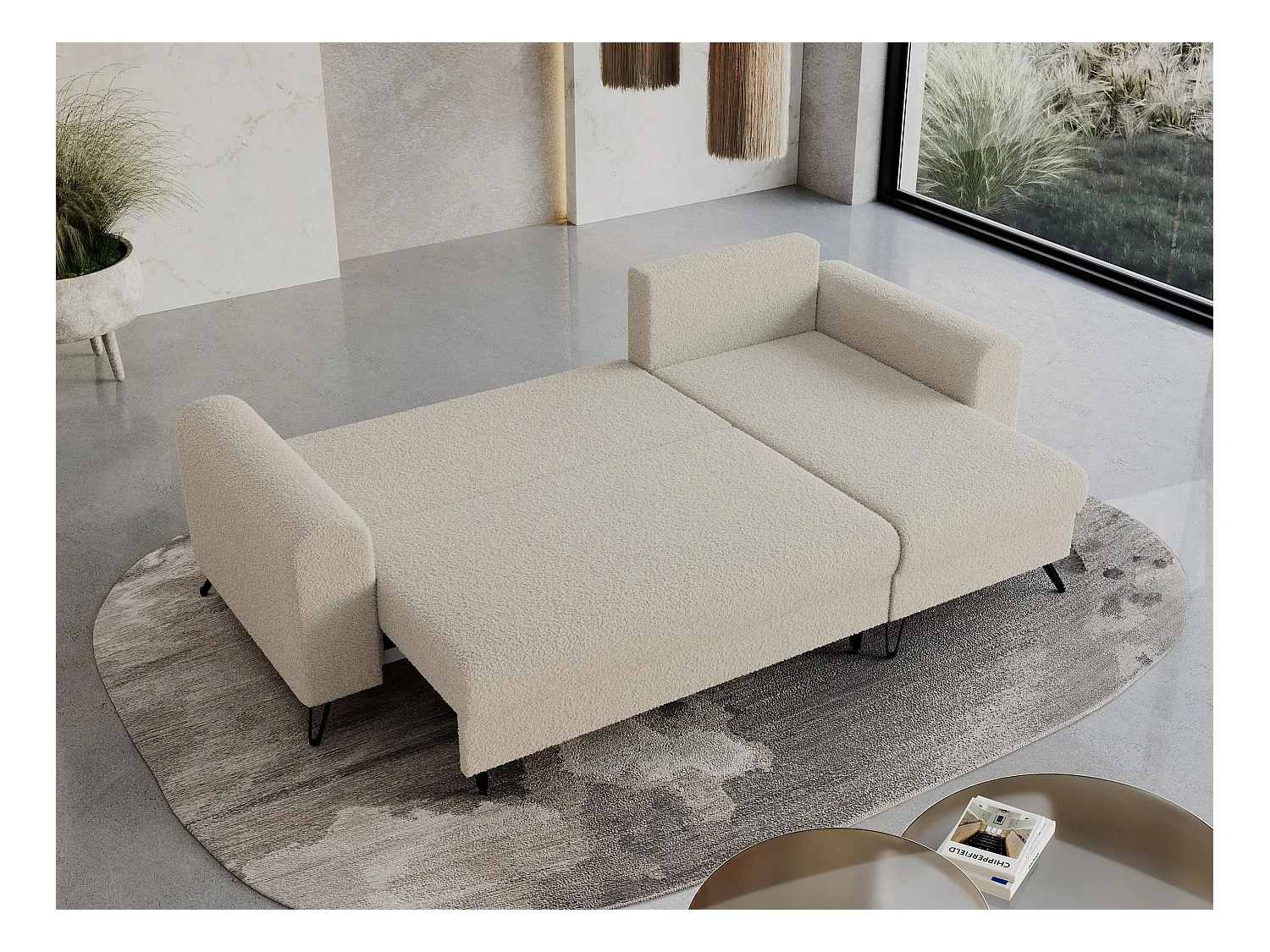 Ecksofa HUGO - L-Form mit Schlaffunktion, lose Kissen - Beige Boucle