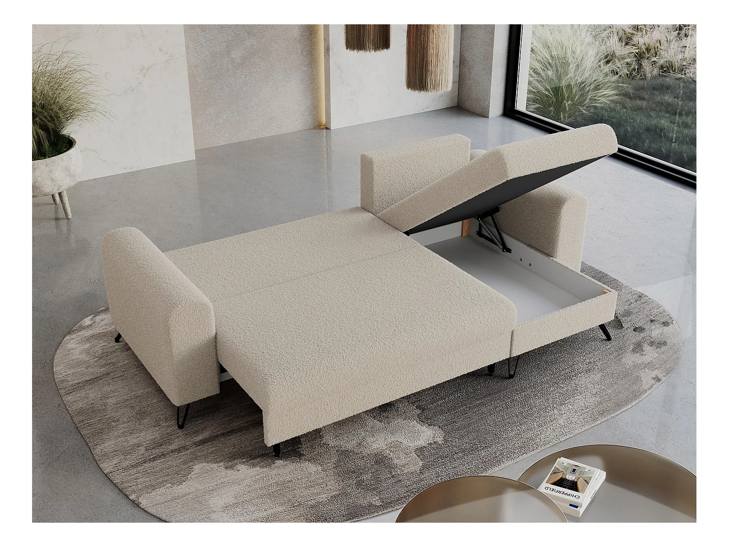 Ecksofa HUGO - L-Form mit Schlaffunktion, lose Kissen - Beige Boucle