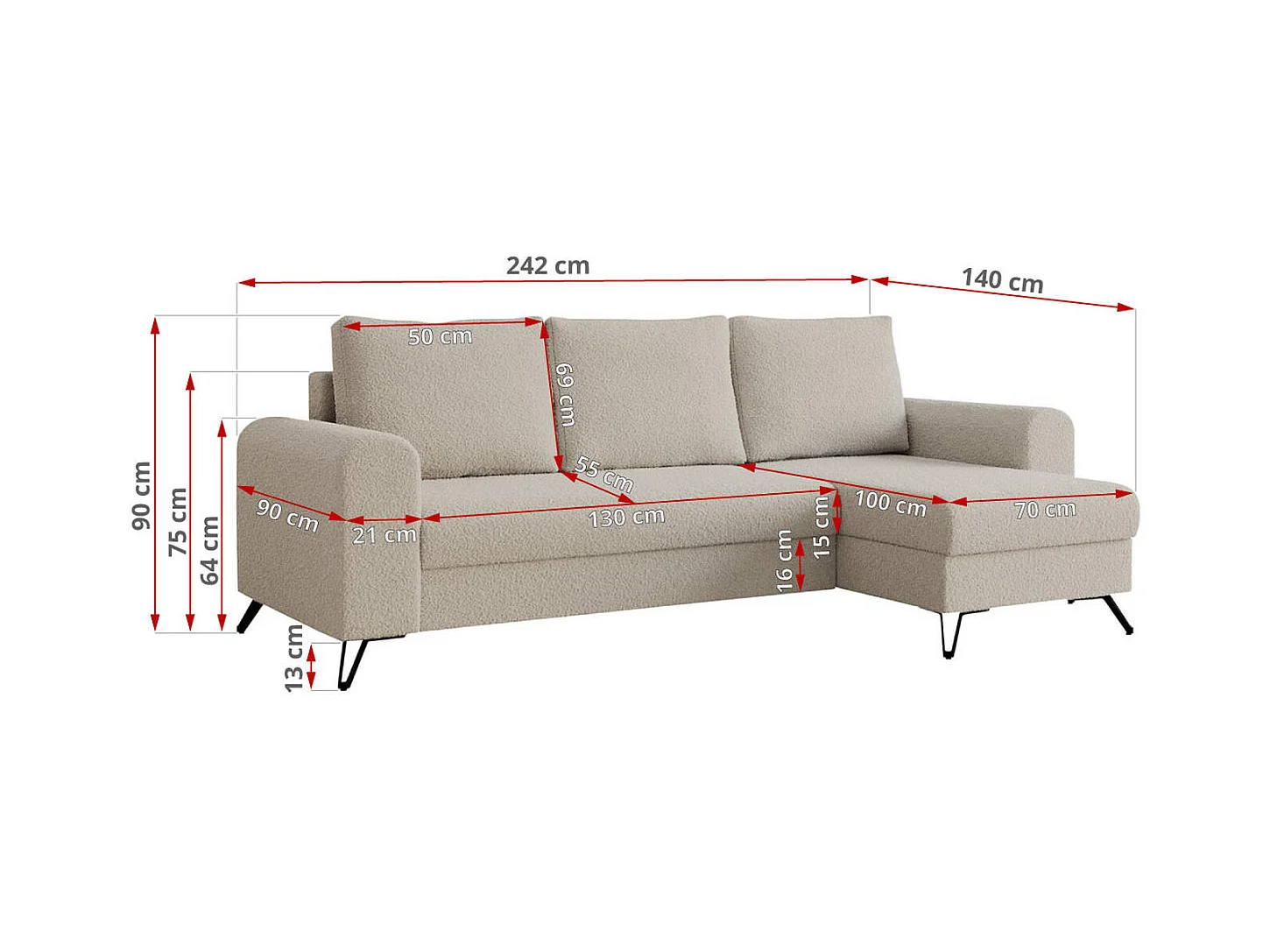 Ecksofa HUGO - L-Form mit Schlaffunktion, lose Kissen - Beige Boucle