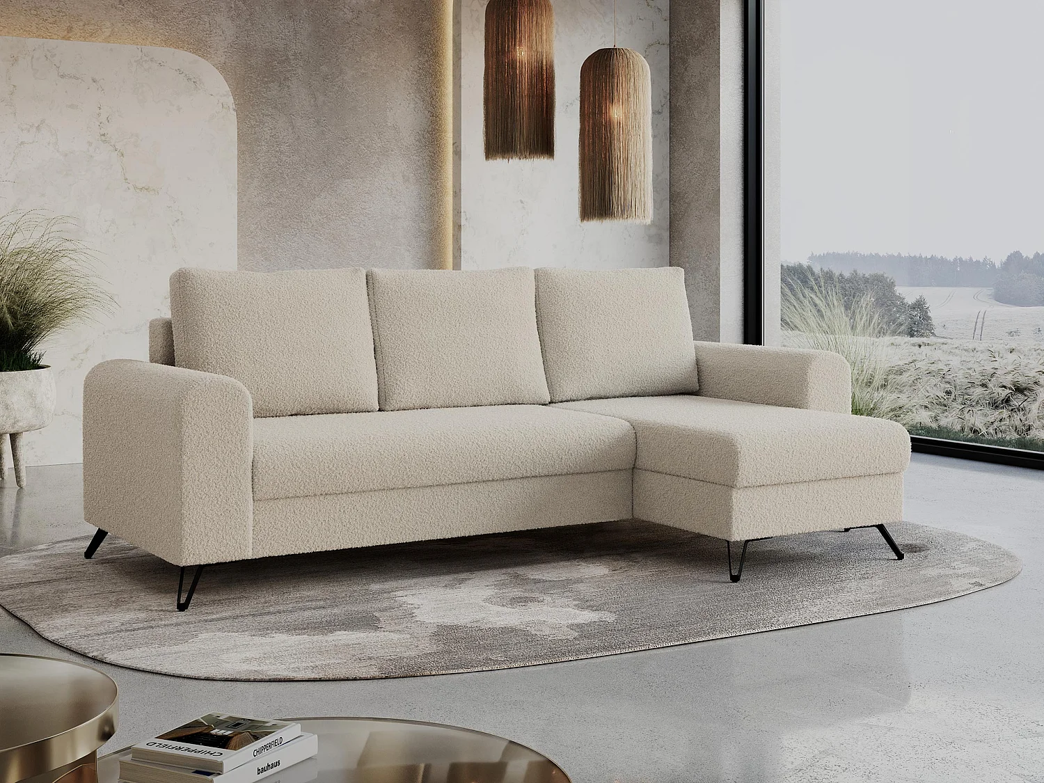 Ecksofa HUGO - L-Form mit Schlaffunktion, lose Kissen - Beige Boucle