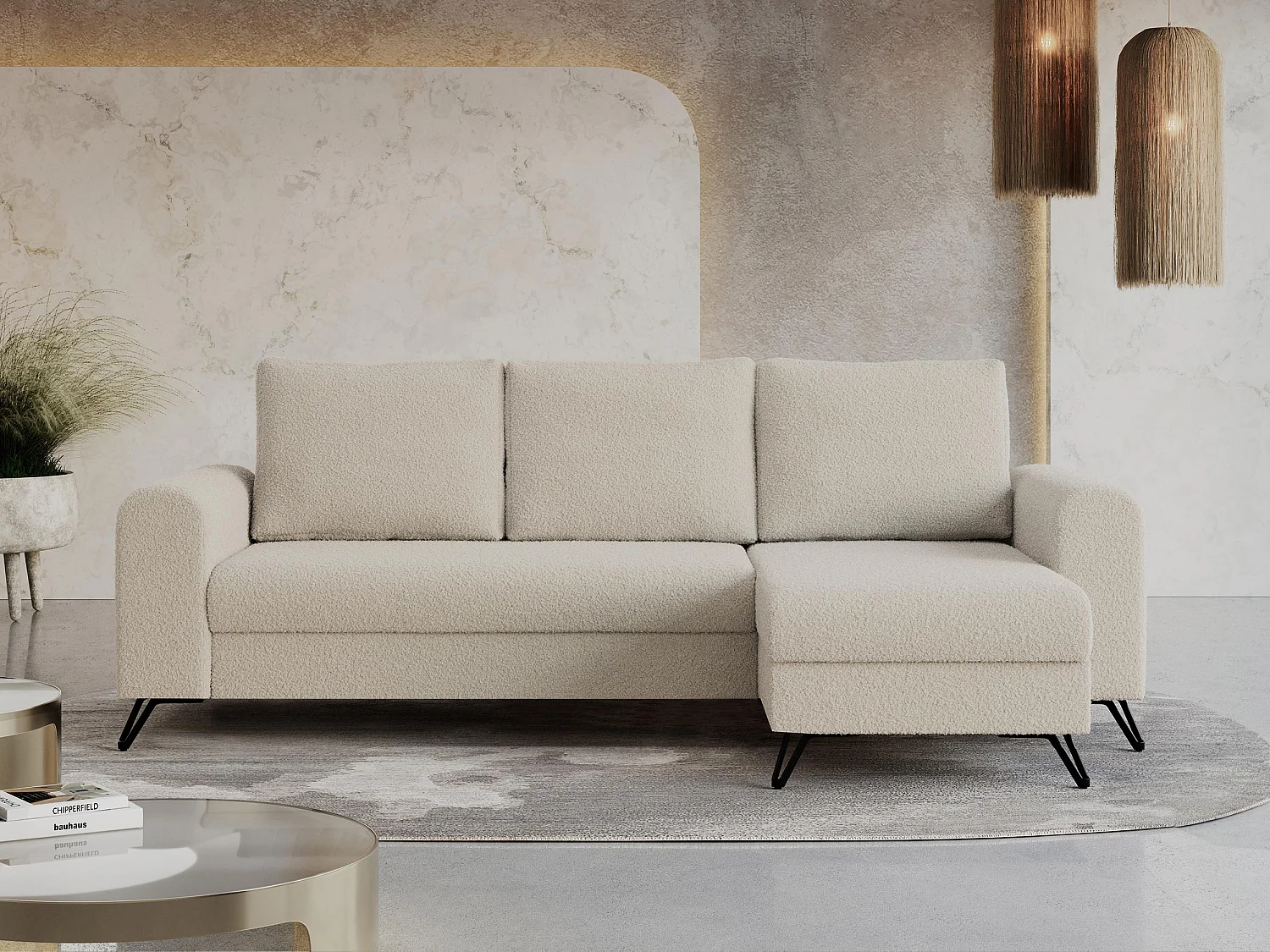 Ecksofa HUGO - L-Form mit Schlaffunktion, lose Kissen - Beige Boucle