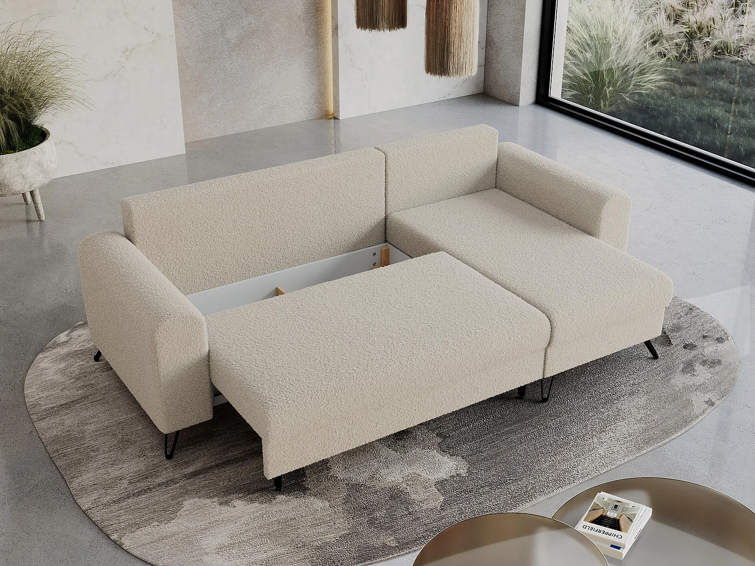 Ecksofa HUGO - L-Form mit Schlaffunktion, lose Kissen - Beige Boucle