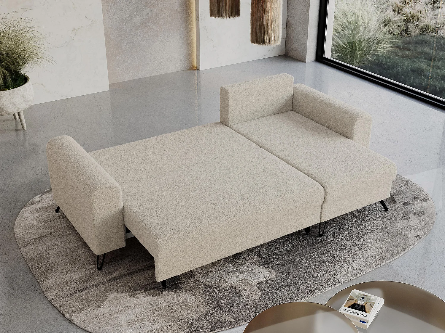 Ecksofa HUGO - L-Form mit Schlaffunktion, lose Kissen - Beige Boucle