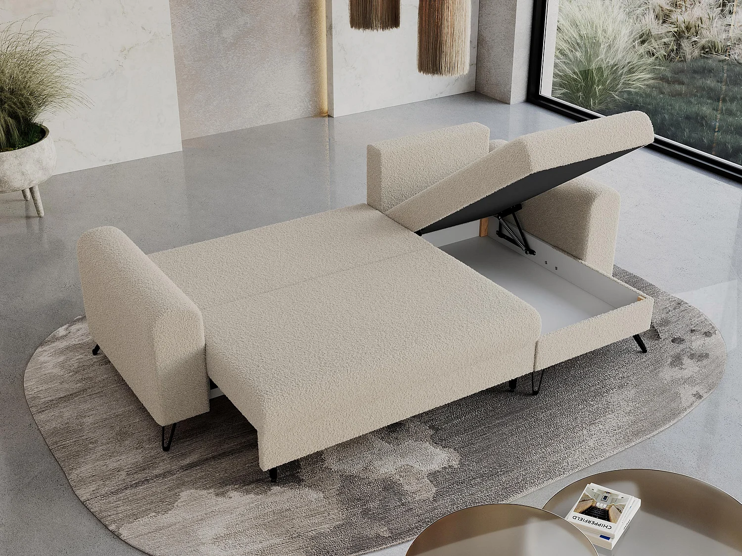 Ecksofa HUGO - L-Form mit Schlaffunktion, lose Kissen - Beige Boucle