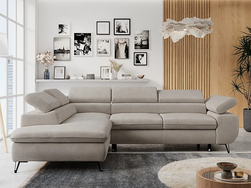 Ecksofa PETER verstellbare Kopfstütze, schlaffunktion - Beige Velvet - Ecke Links