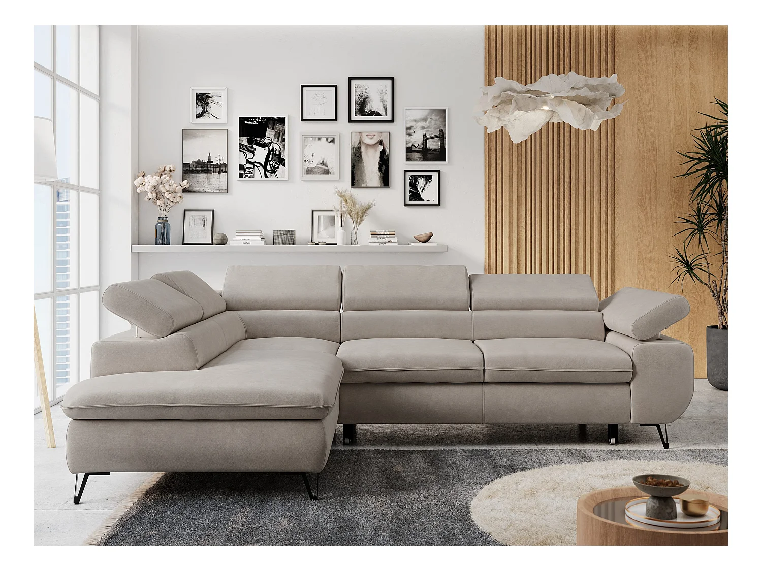 Ecksofa PETER verstellbare Kopfstütze, schlaffunktion - Beige Velvet - Ecke Links