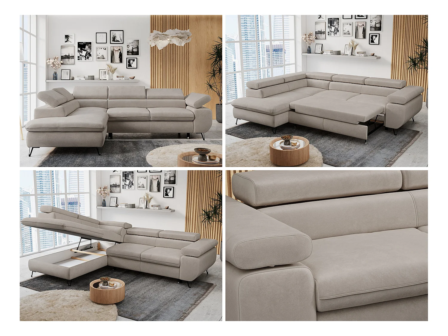 Ecksofa PETER verstellbare Kopfstütze, schlaffunktion - Beige Velvet - Ecke Links