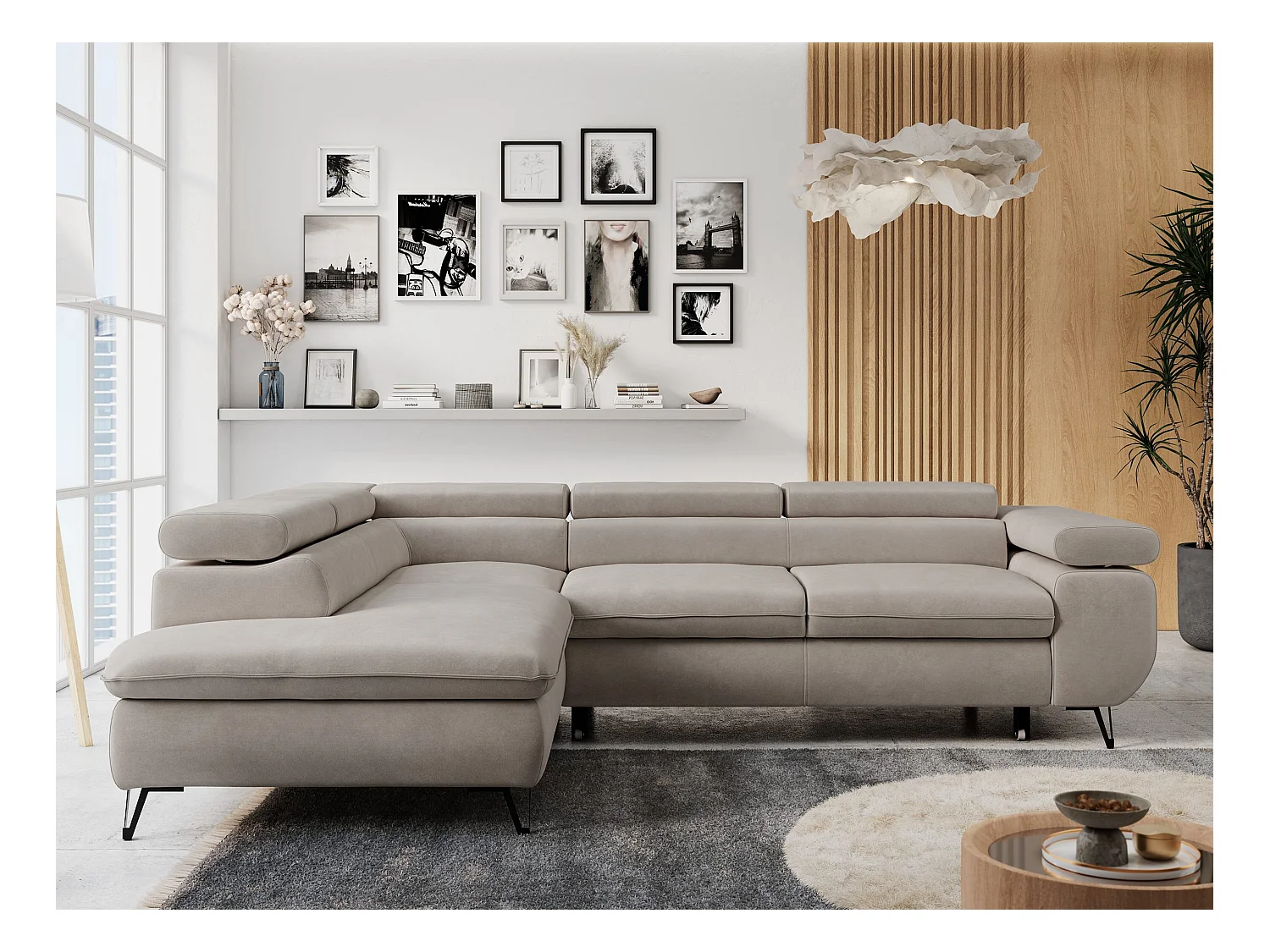 Ecksofa PETER verstellbare Kopfstütze, schlaffunktion - Beige Velvet - Ecke Links