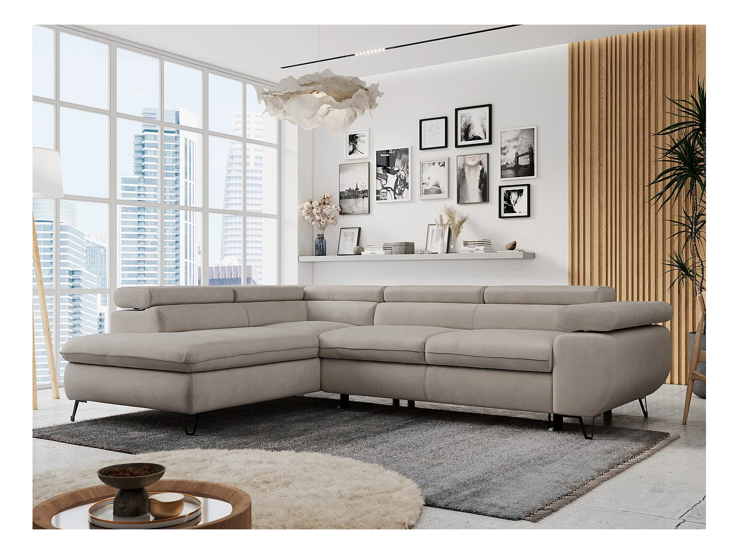 Ecksofa PETER verstellbare Kopfstütze, schlaffunktion - Beige Velvet - Ecke Links