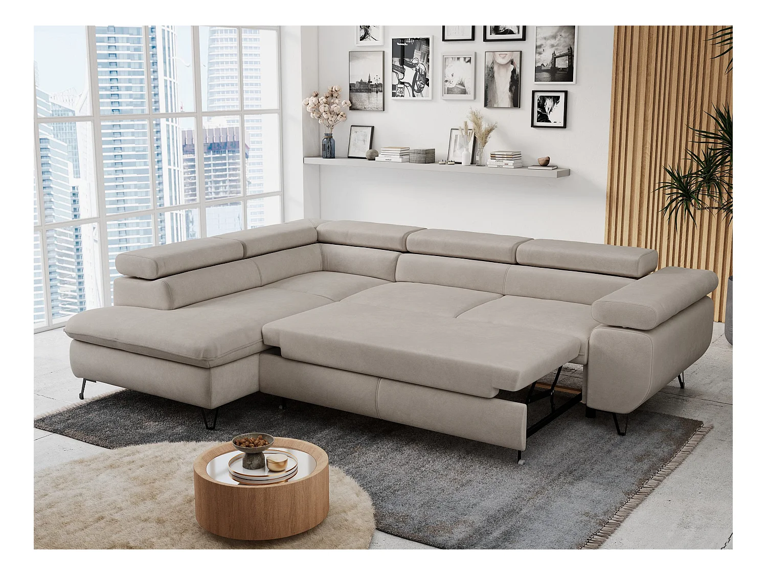 Ecksofa PETER verstellbare Kopfstütze, schlaffunktion - Beige Velvet - Ecke Links