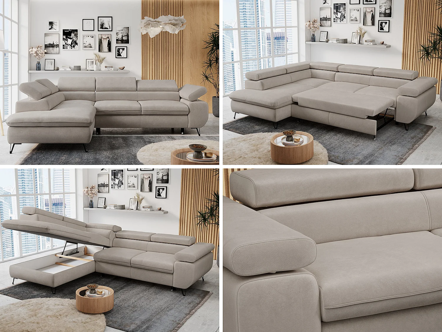 Ecksofa PETER verstellbare Kopfstütze, schlaffunktion - Beige Velvet - Ecke Links