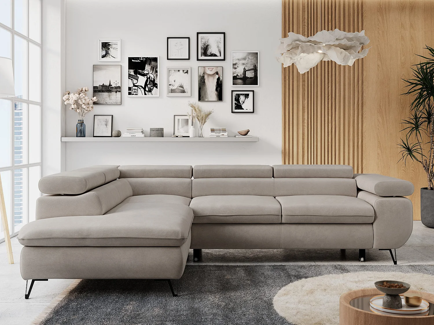 Ecksofa PETER verstellbare Kopfstütze, schlaffunktion - Beige Velvet - Ecke Links