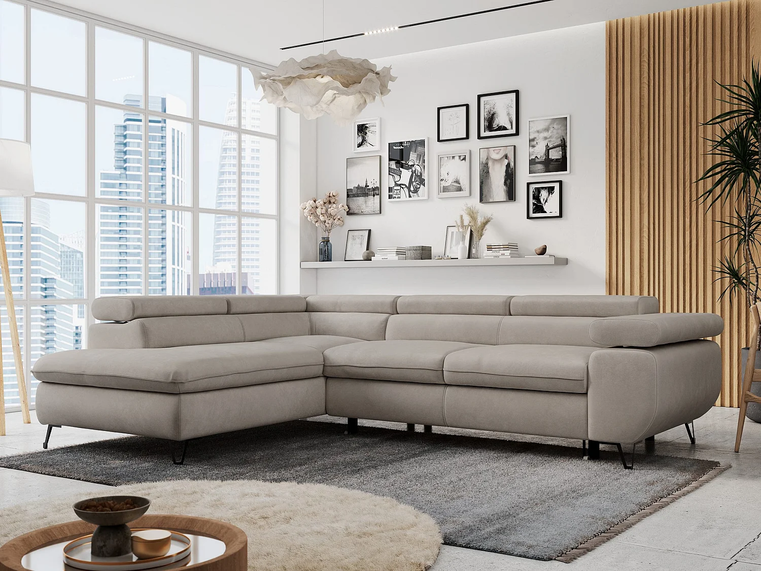 Ecksofa PETER verstellbare Kopfstütze, schlaffunktion - Beige Velvet - Ecke Links