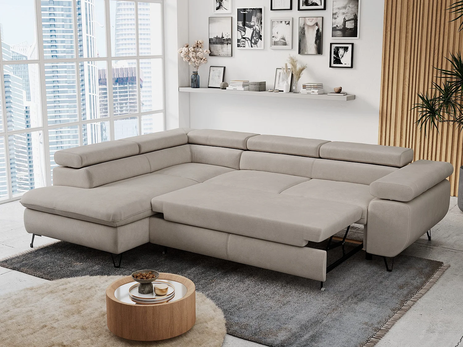 Ecksofa PETER verstellbare Kopfstütze, schlaffunktion - Beige Velvet - Ecke Links