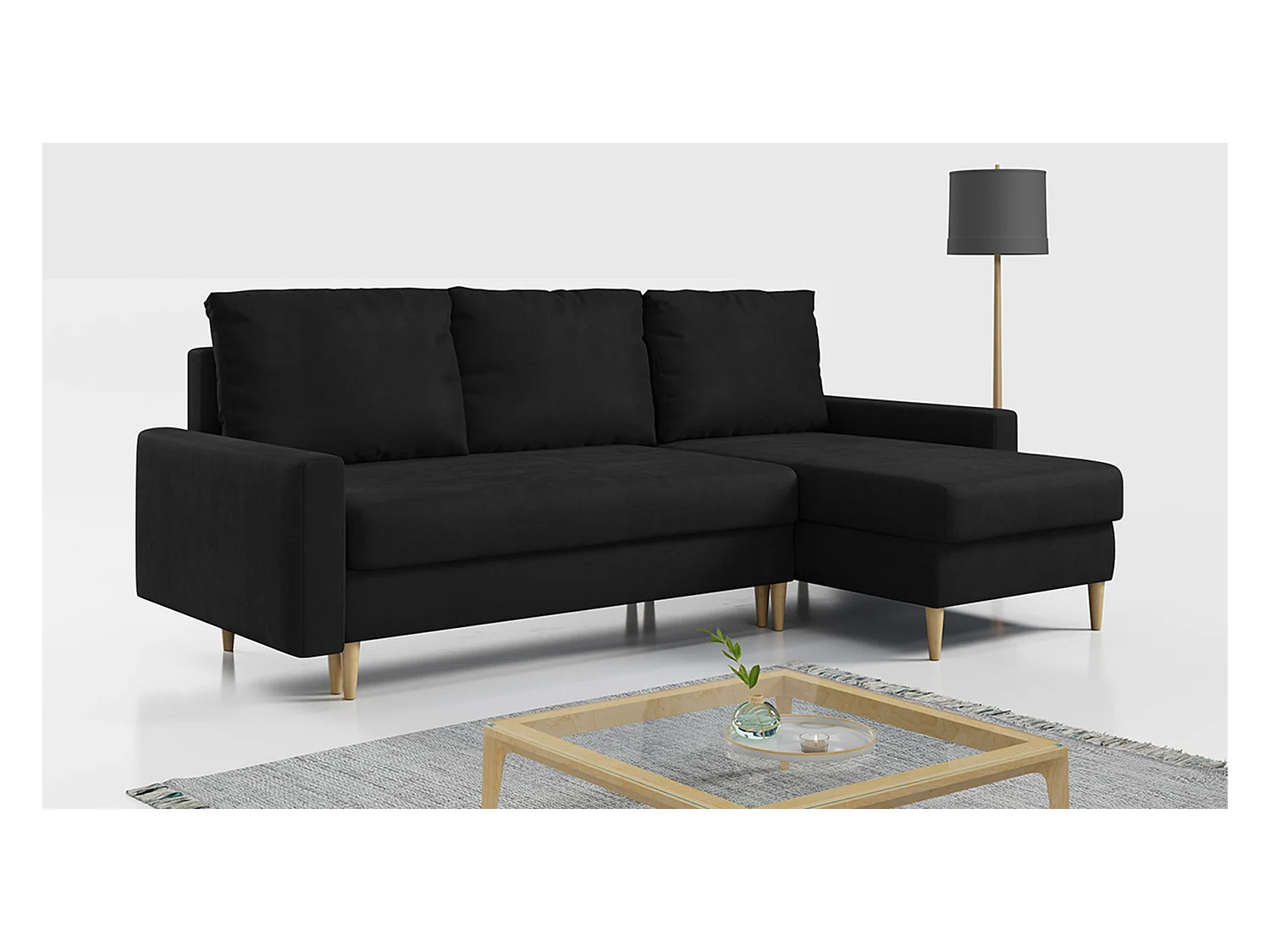 Ecksofa Universal - mit schlaffunktion und Bettkästen - Schwarz Velvet - LANG