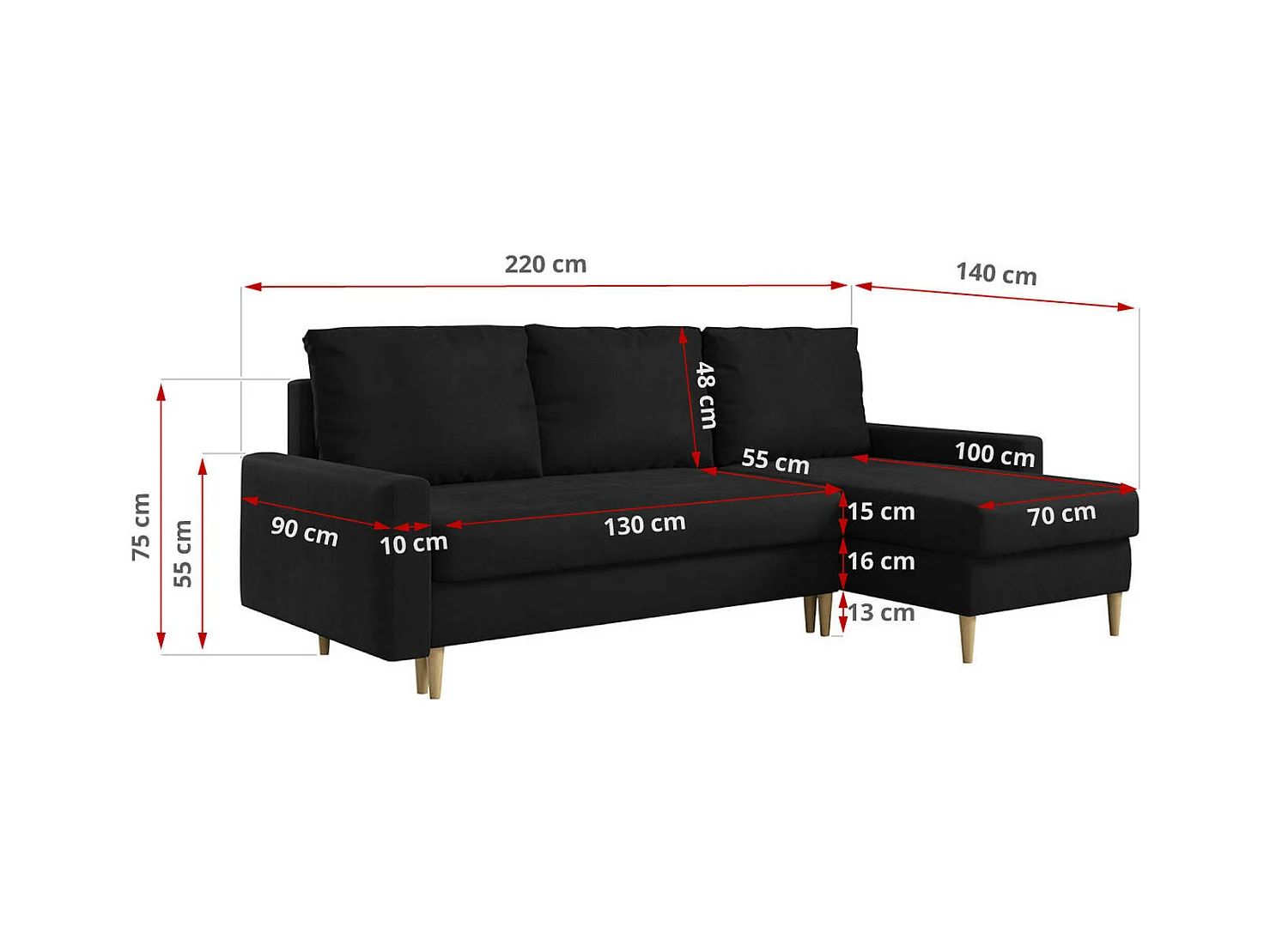 Ecksofa Universal - mit schlaffunktion und Bettkästen - Schwarz Velvet - LANG