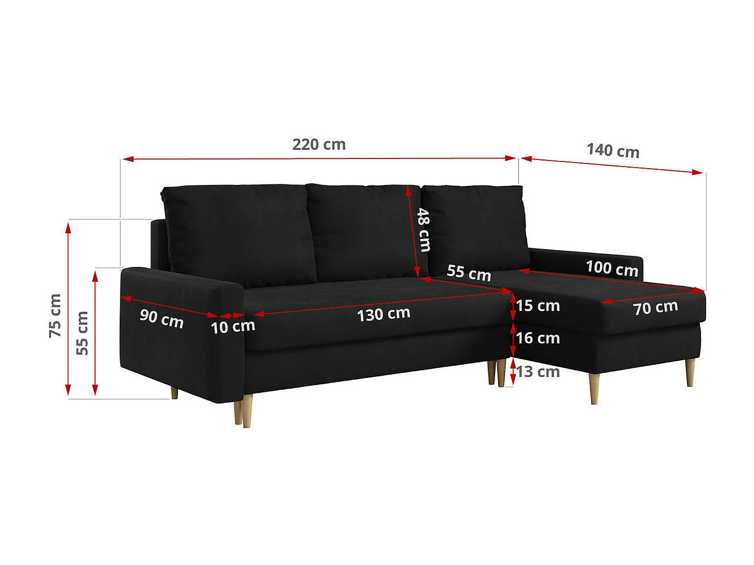 Ecksofa Universal - mit schlaffunktion und Bettkästen - Schwarz Velvet - LANG