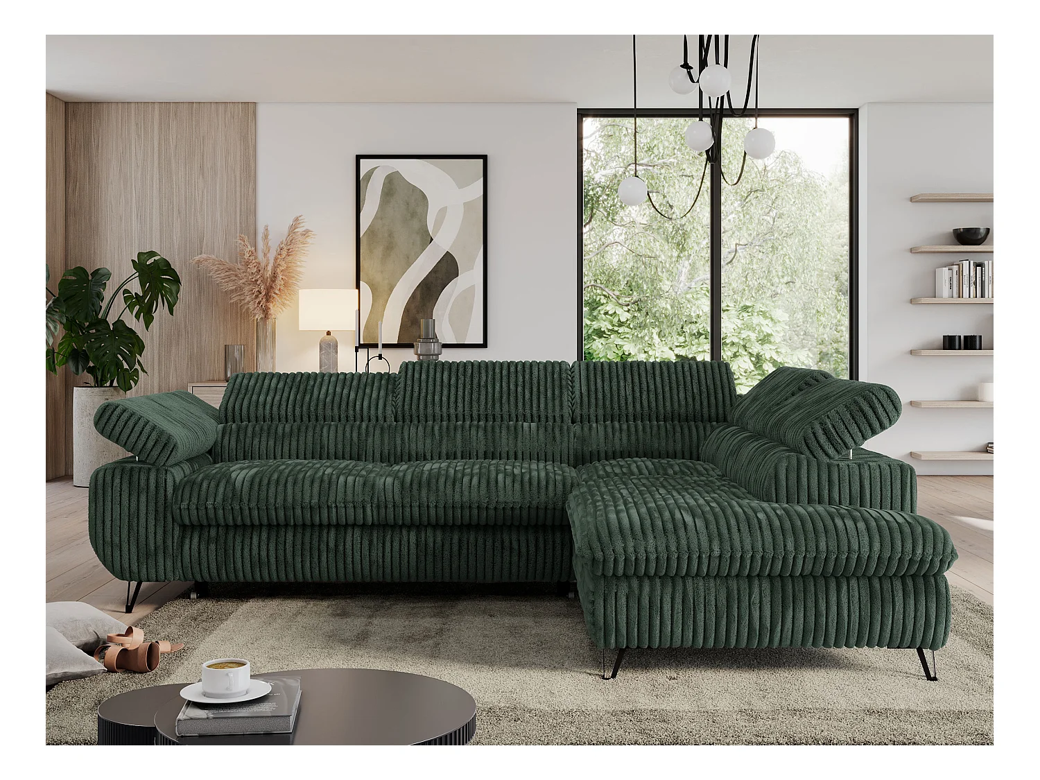 Ecksofa PEDRO - L-Form mit Schlaffunktion 200x125 cm, verstellbaren Kopfstützen - Grün Cord - Ecke Rechts