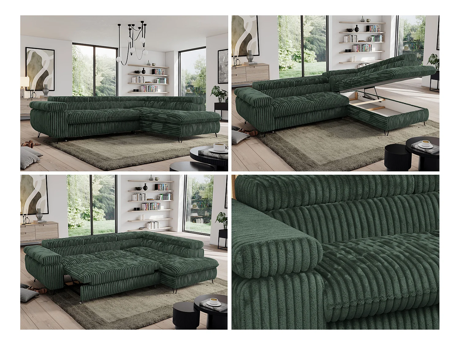 Ecksofa PEDRO - L-Form mit Schlaffunktion 200x125 cm, verstellbaren Kopfstützen - Grün Cord - Ecke Rechts