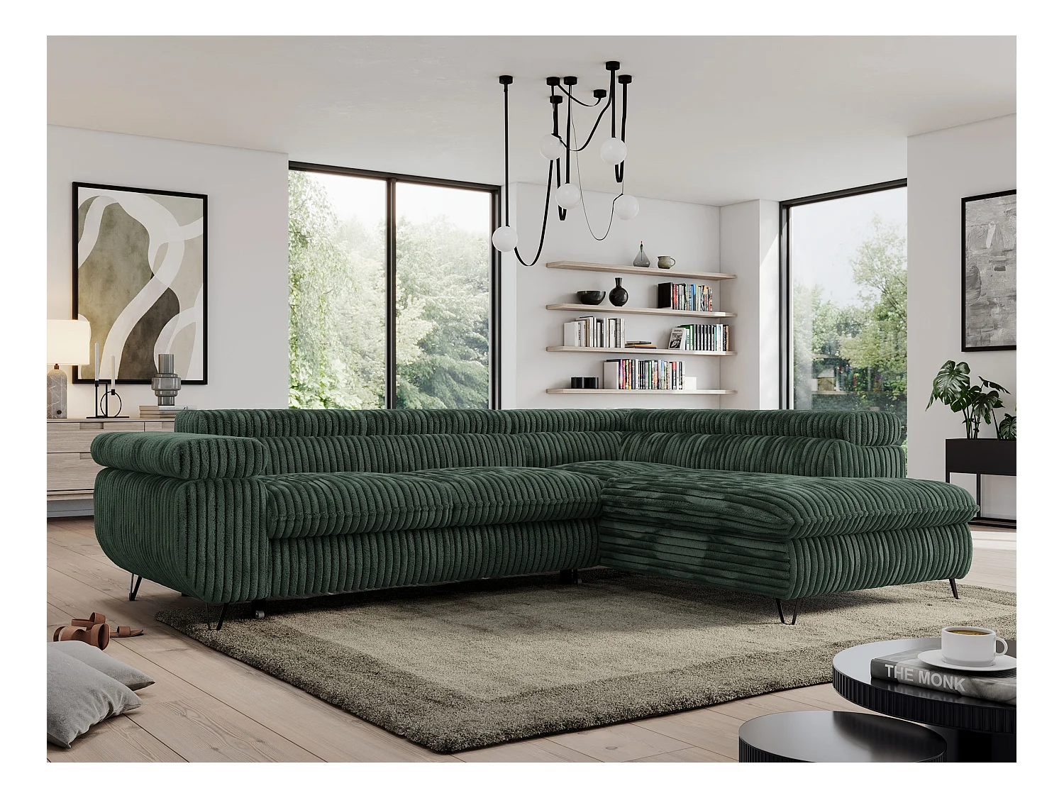 Ecksofa PEDRO - L-Form mit Schlaffunktion 200x125 cm, verstellbaren Kopfstützen - Grün Cord - Ecke Rechts