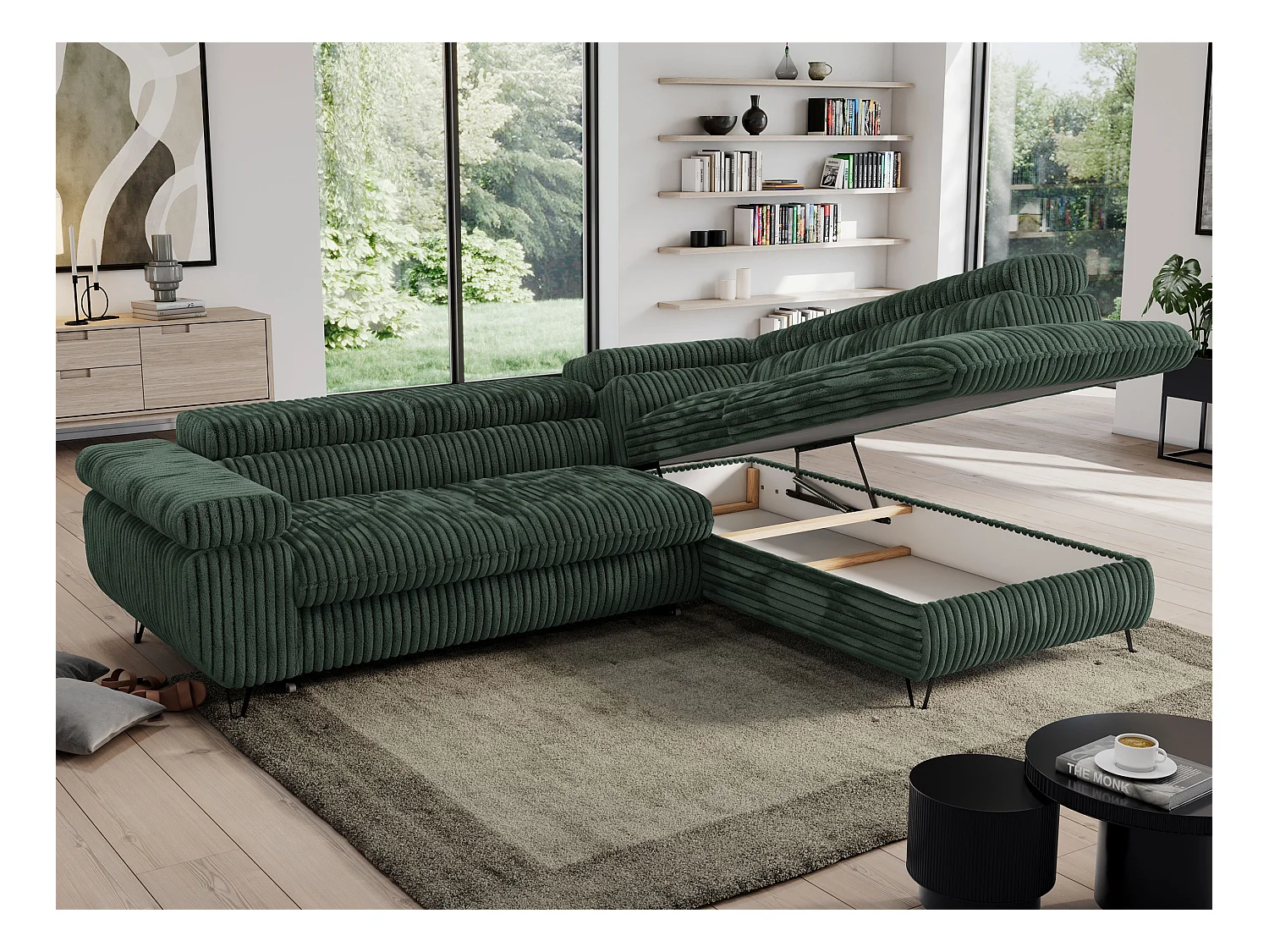 Ecksofa PEDRO - L-Form mit Schlaffunktion 200x125 cm, verstellbaren Kopfstützen - Grün Cord - Ecke Rechts