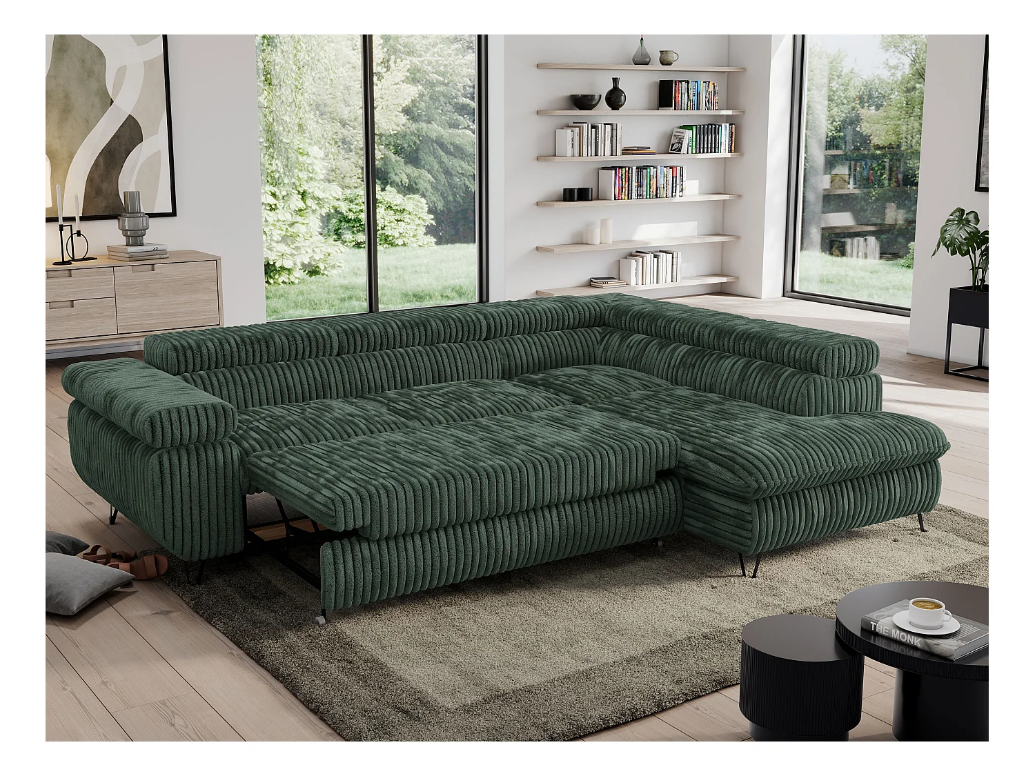Ecksofa PEDRO - L-Form mit Schlaffunktion 200x125 cm, verstellbaren Kopfstützen - Grün Cord - Ecke Rechts