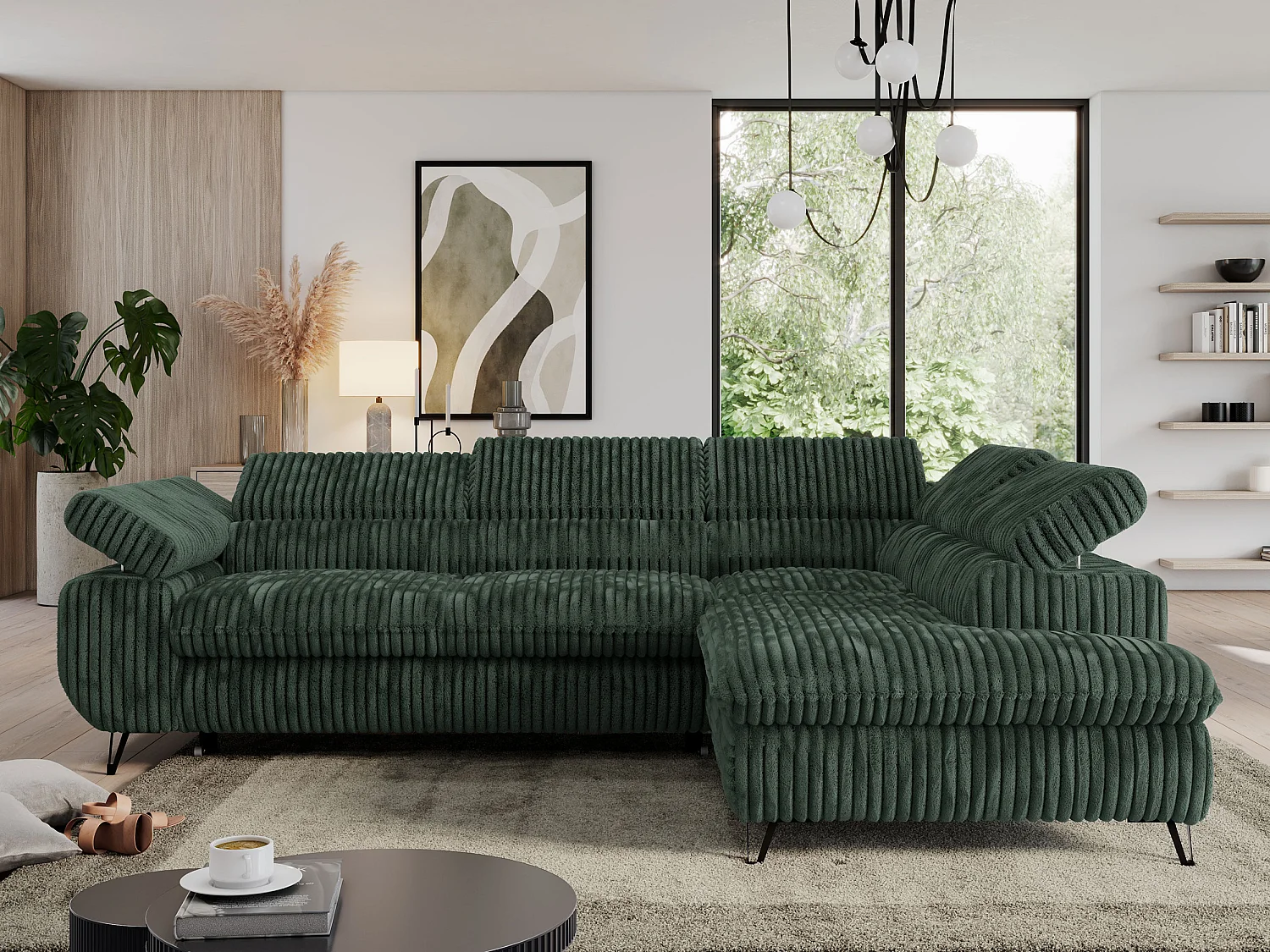 Ecksofa PEDRO - L-Form mit Schlaffunktion 200x125 cm, verstellbaren Kopfstützen - Grün Cord - Ecke Rechts