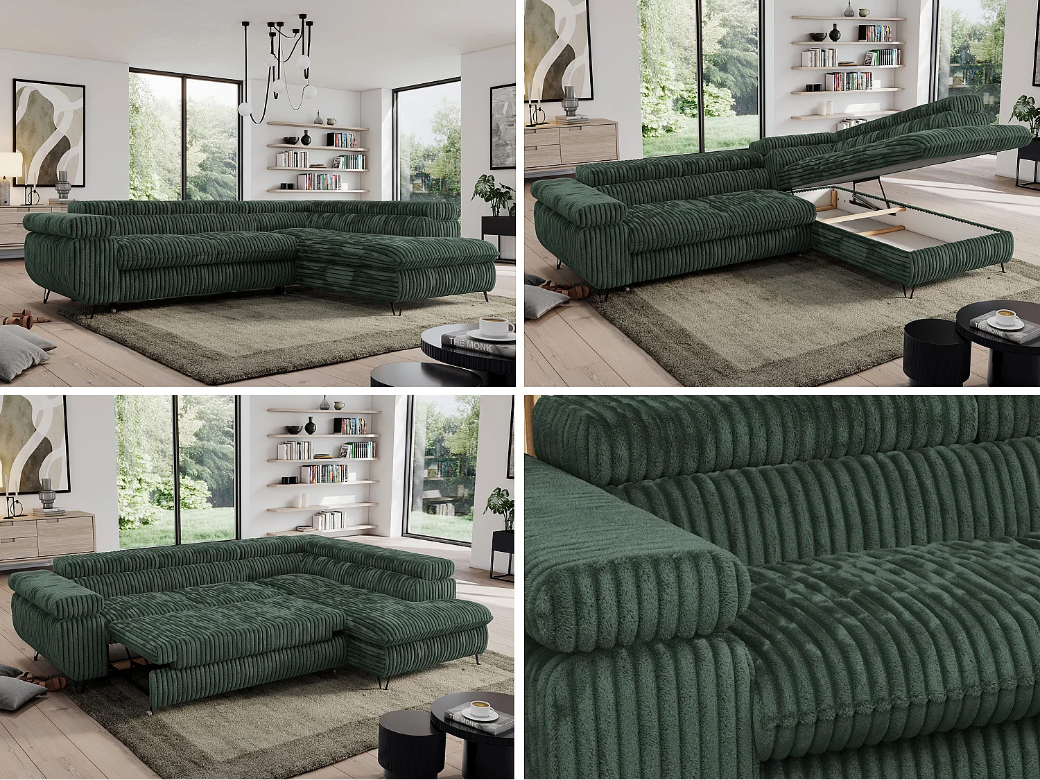 Ecksofa PEDRO - L-Form mit Schlaffunktion 200x125 cm, verstellbaren Kopfstützen - Grün Cord - Ecke Rechts
