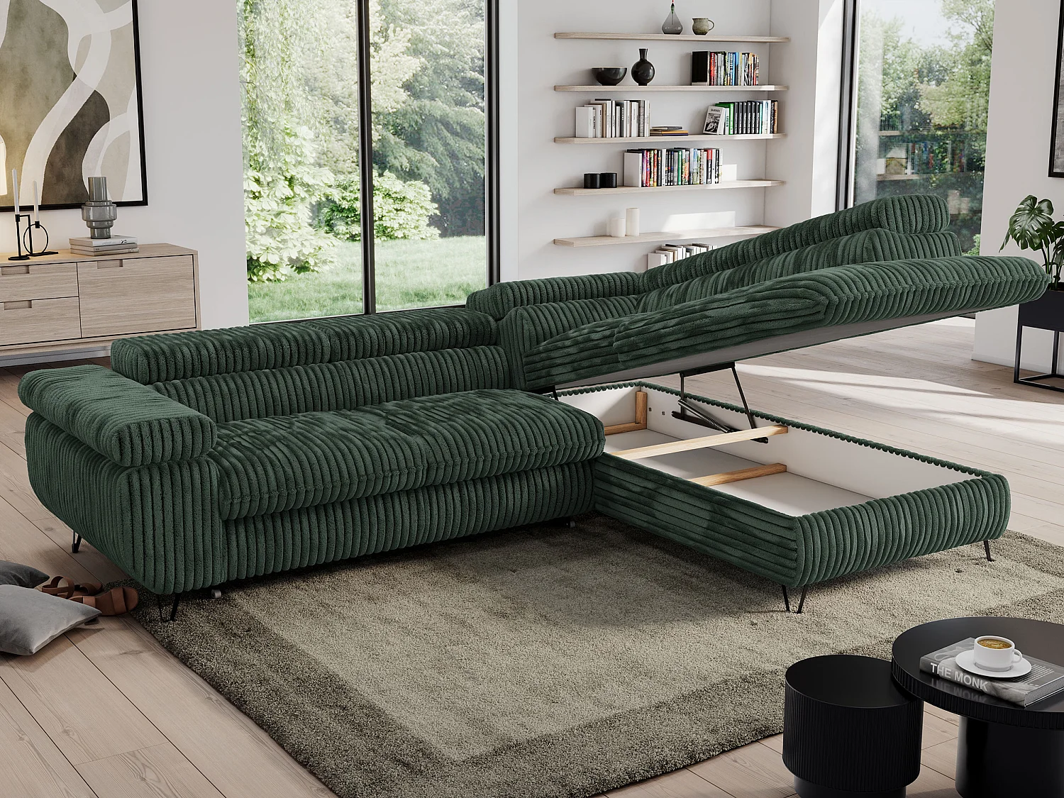 Ecksofa PEDRO - L-Form mit Schlaffunktion 200x125 cm, verstellbaren Kopfstützen - Grün Cord - Ecke Rechts
