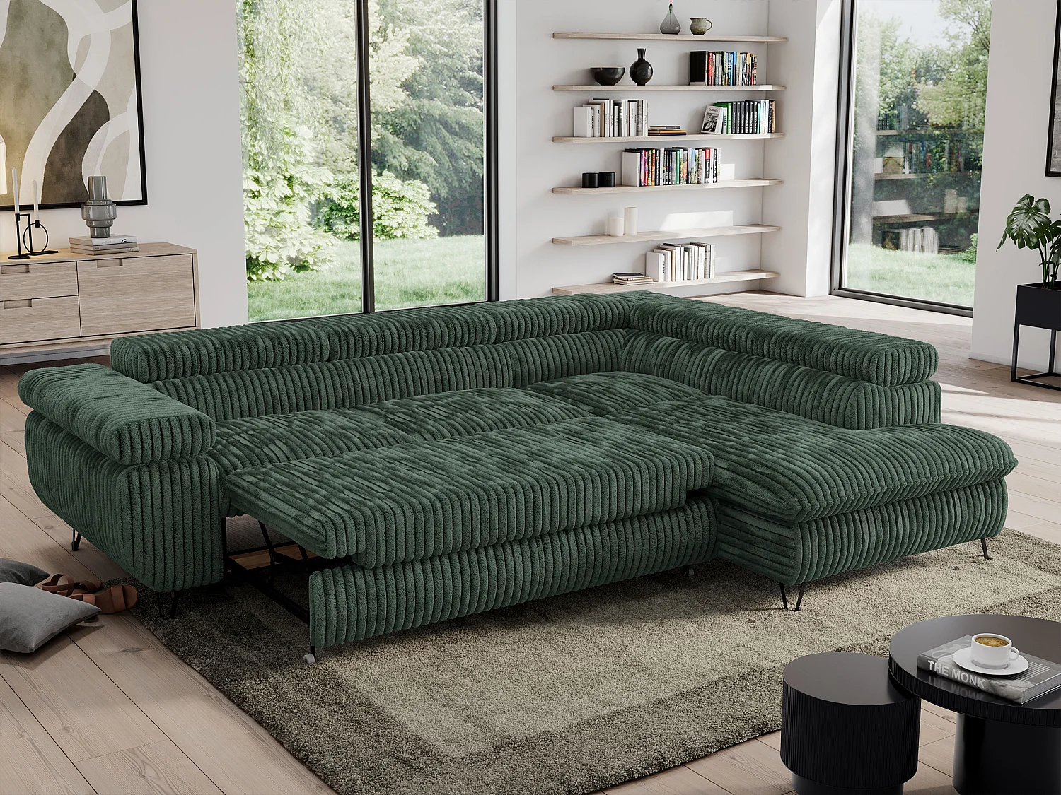 Ecksofa PEDRO - L-Form mit Schlaffunktion 200x125 cm, verstellbaren Kopfstützen - Grün Cord - Ecke Rechts