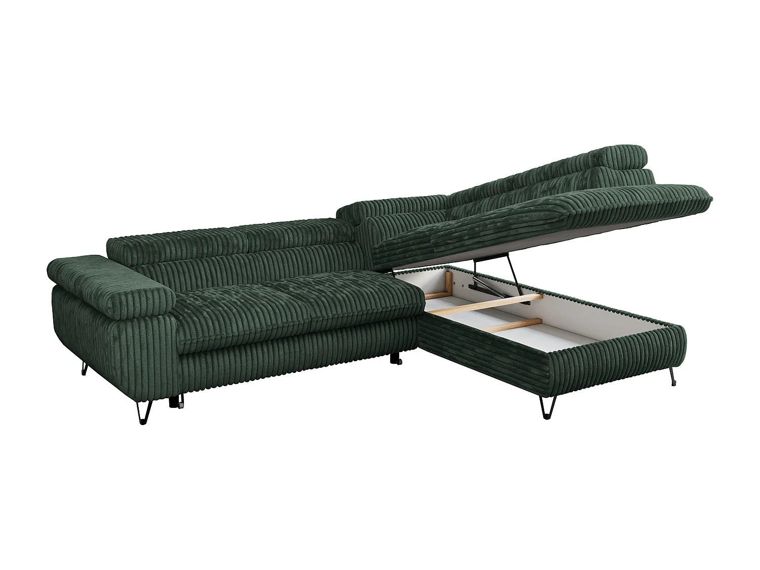 Ecksofa PEDRO - L-Form mit Schlaffunktion 200x125 cm, verstellbaren Kopfstützen - Grün Cord - Ecke Rechts
