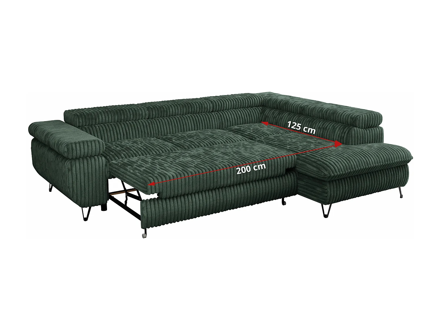 Ecksofa PEDRO - L-Form mit Schlaffunktion 200x125 cm, verstellbaren Kopfstützen - Grün Cord - Ecke Rechts