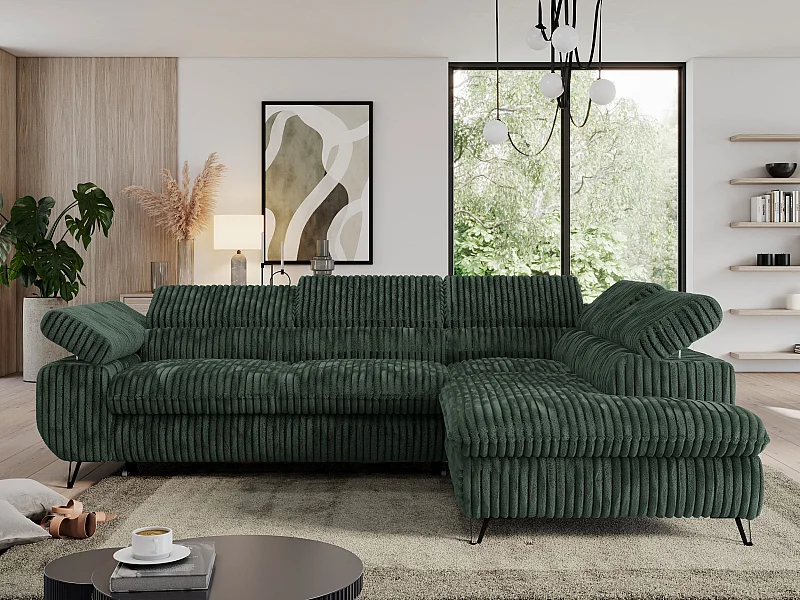 Ecksofa PEDRO - L-Form mit Schlaffunktion 200x125 cm, verstellbaren Kopfstützen - Grün Cord - Ecke Rechts