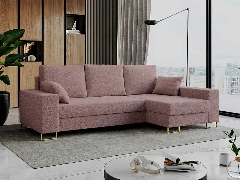 Ecksofa DORIAN - schlaffunktion und Bettkasten, lose Kissen - Rosa Boucle