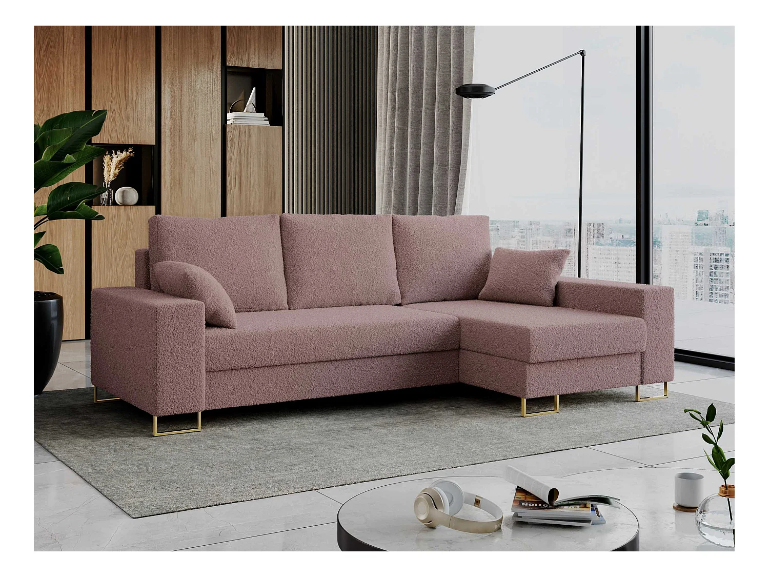 Ecksofa DORIAN - schlaffunktion und Bettkasten, lose Kissen - Rosa Boucle