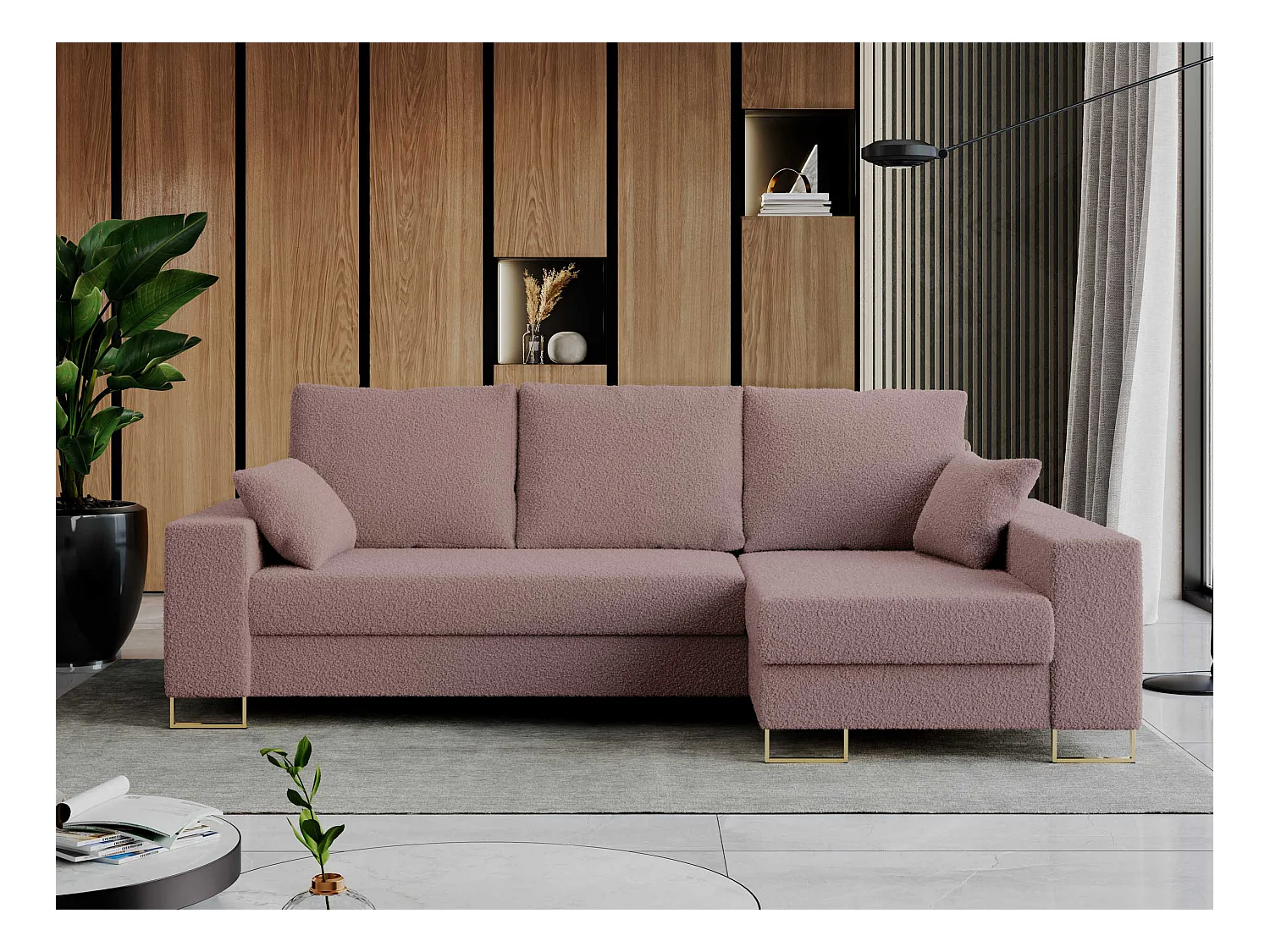 Ecksofa DORIAN - schlaffunktion und Bettkasten, lose Kissen - Rosa Boucle