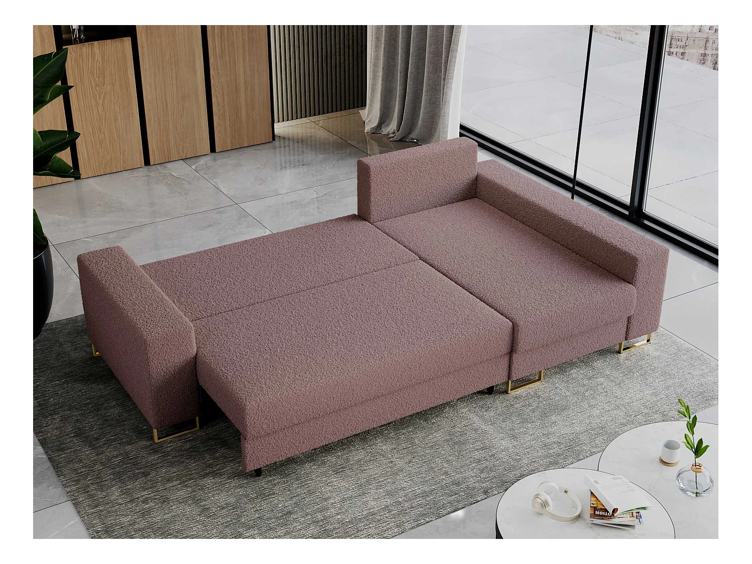 Ecksofa DORIAN - schlaffunktion und Bettkasten, lose Kissen - Rosa Boucle