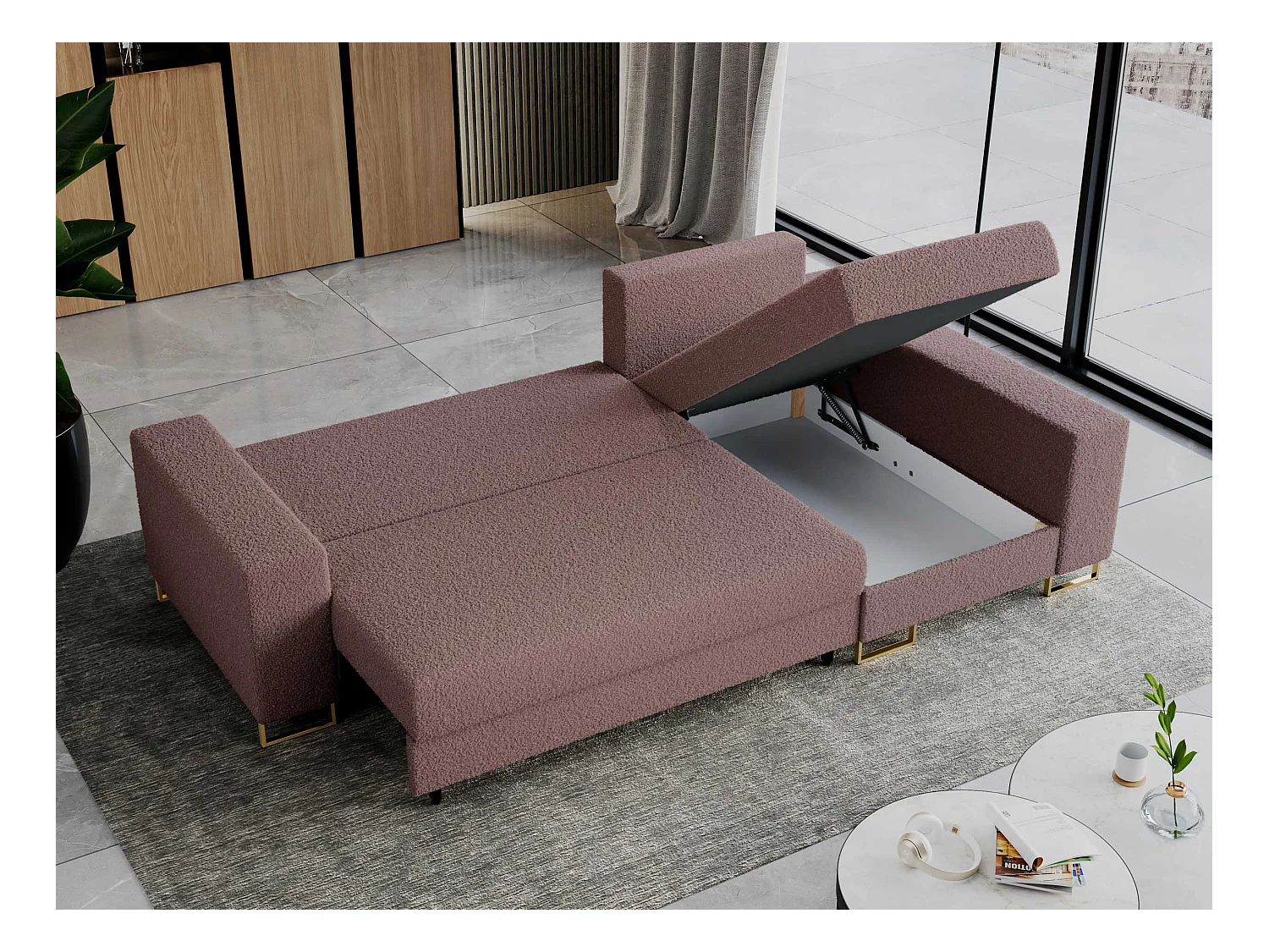 Ecksofa DORIAN - schlaffunktion und Bettkasten, lose Kissen - Rosa Boucle