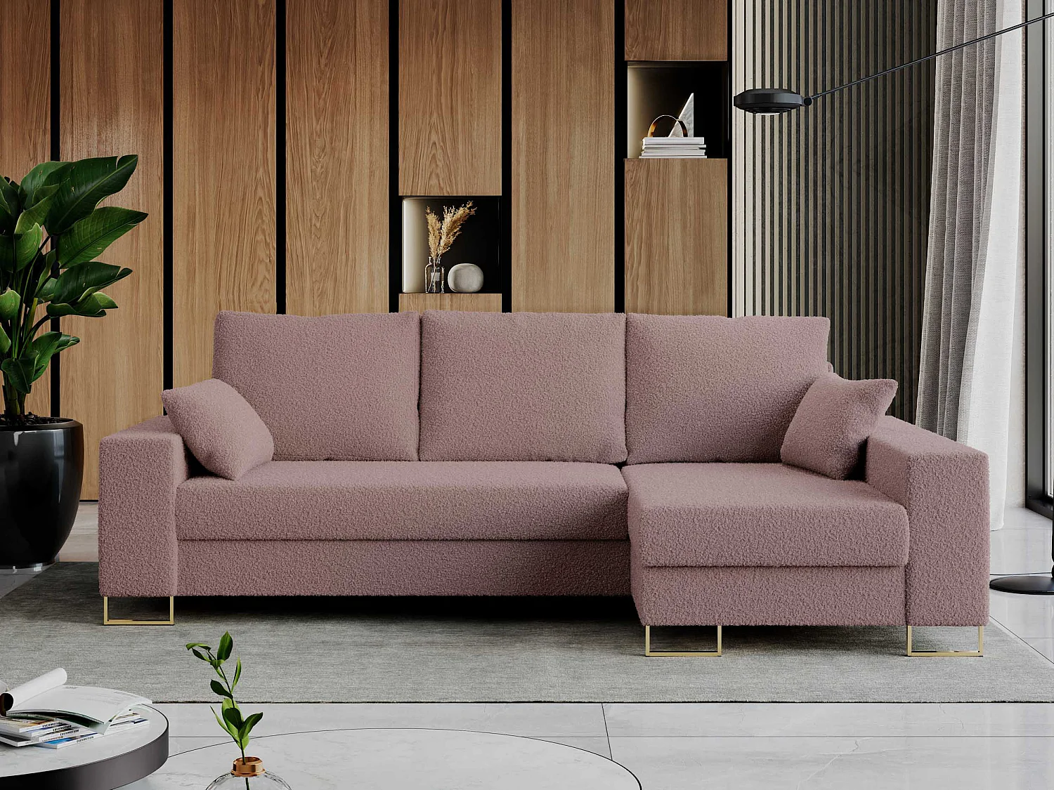 Ecksofa DORIAN - schlaffunktion und Bettkasten, lose Kissen - Rosa Boucle