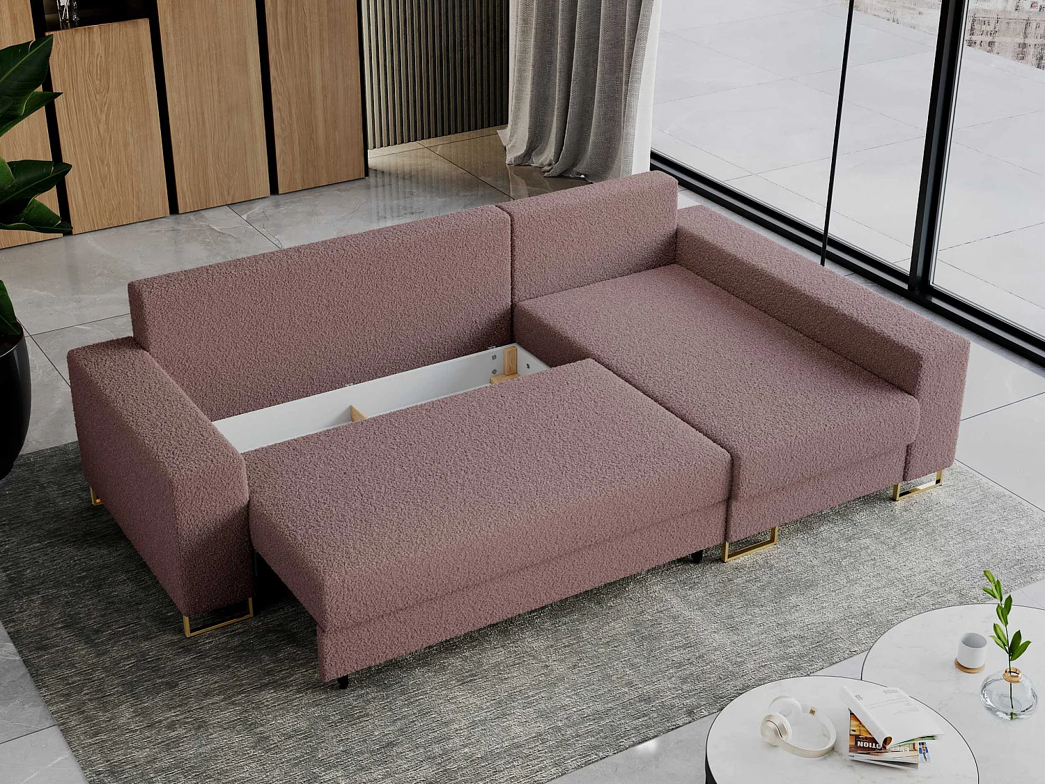 Ecksofa DORIAN - schlaffunktion und Bettkasten, lose Kissen - Rosa Boucle
