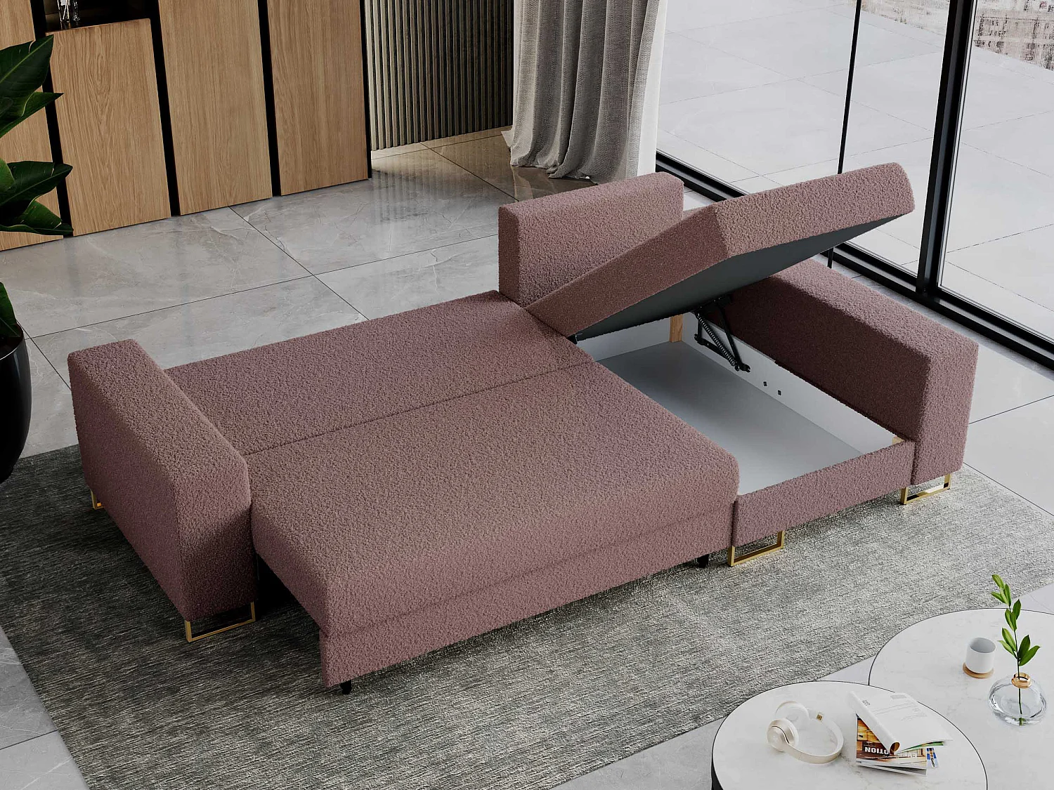 Ecksofa DORIAN - schlaffunktion und Bettkasten, lose Kissen - Rosa Boucle