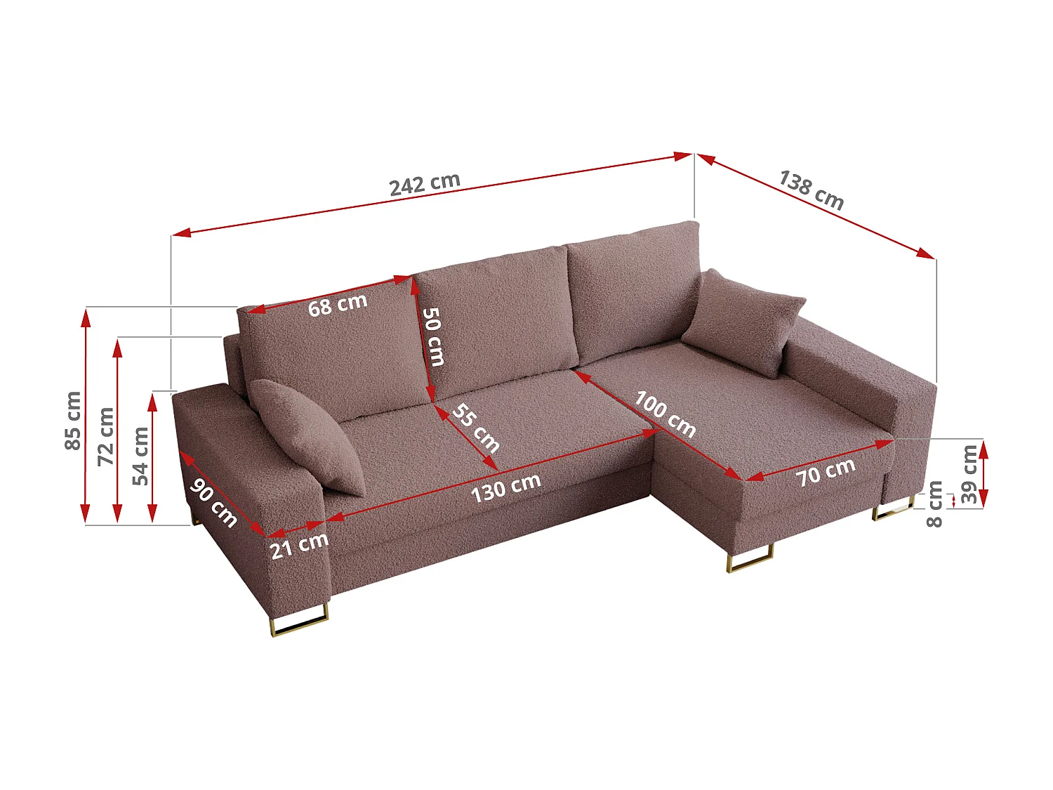 Ecksofa DORIAN - schlaffunktion und Bettkasten, lose Kissen - Rosa Boucle