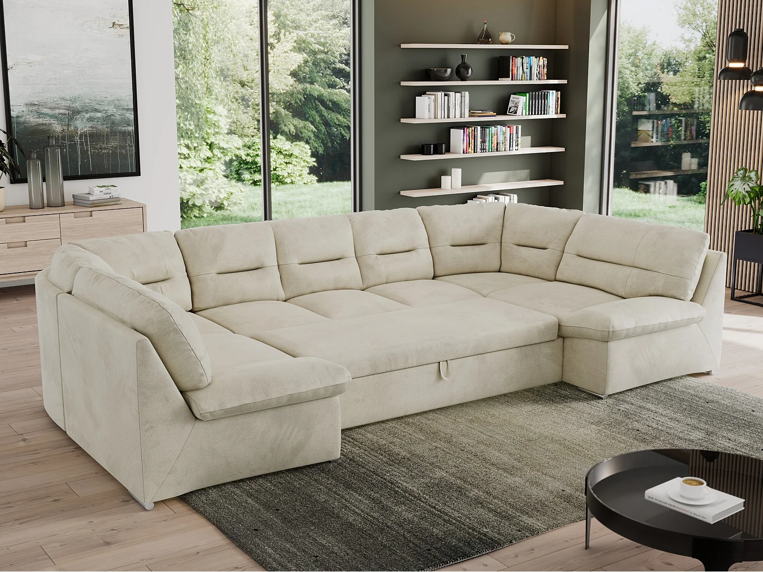 Ecksofa MORBIDO U, XXL Wohnlandschaft mit schlaffunktion - Beige Velvet