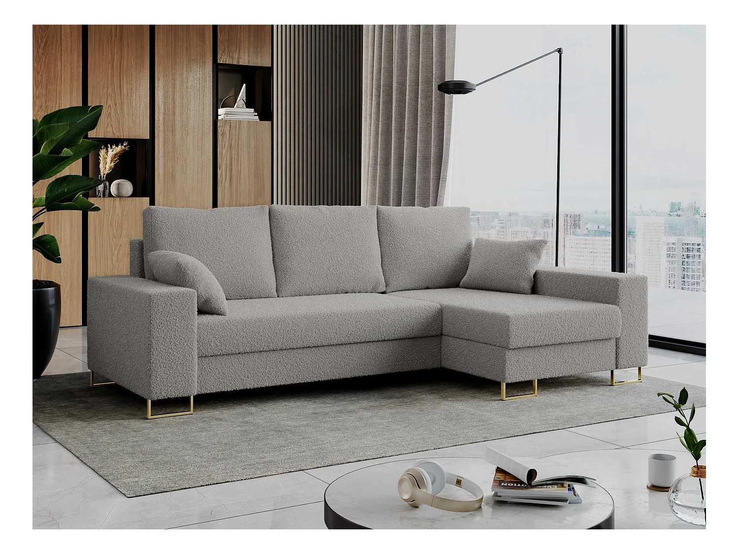 Ecksofa DORIAN - schlaffunktion und Bettkasten, lose Kissen - Hellgrau Boucle